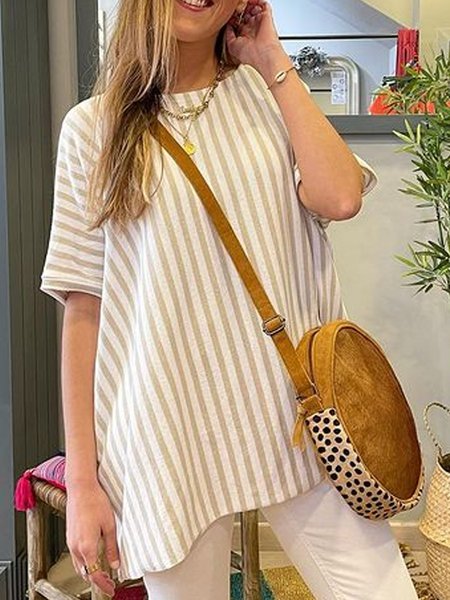 

Stripes Crew Neck Casual Shirts & Tops, As picture, T-Shirts