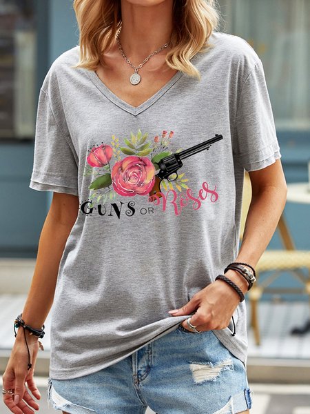 

Guns or Roses V-neck Graphic Tee, Gray, T-shirts