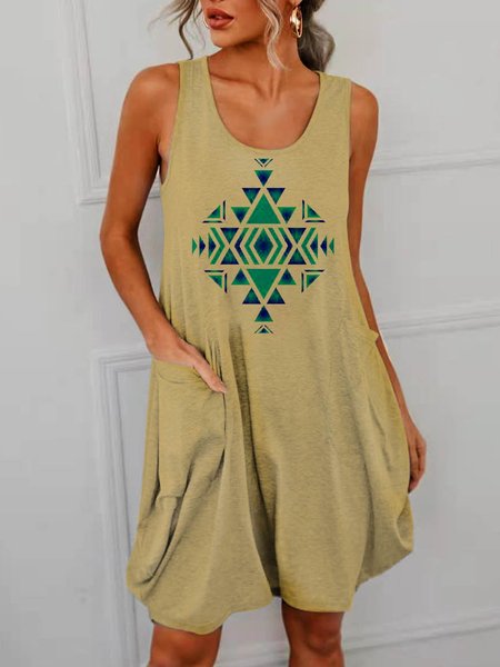 

Aztec print Crew Neck Sleeveless Cotton-Blend Dresses, Light kahaki, Dresses