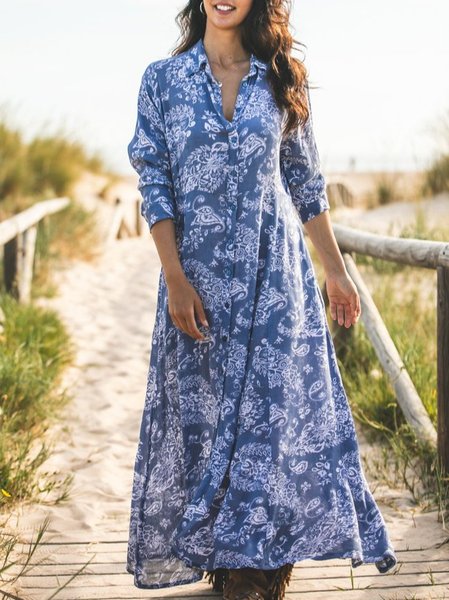 

3/4 Sleeve Resort Printed Cotton-Blend Weaving Dress, Blue, Maxi Dresses