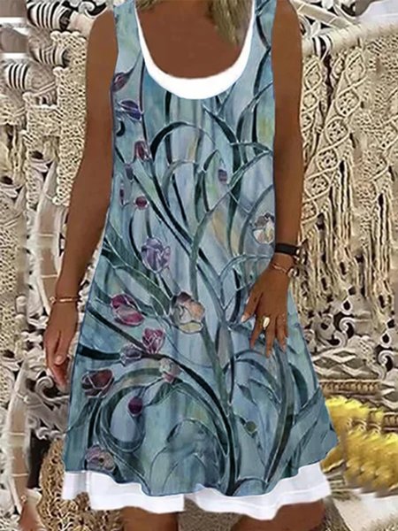 

Crew Neck Sleeveless A-Line Knitting Dress, Blue, Dresses