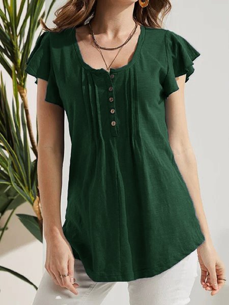 

Solid Cotton-Blend Casual Crew Neck Shirts & Tops, Green, Shirts & Blouses