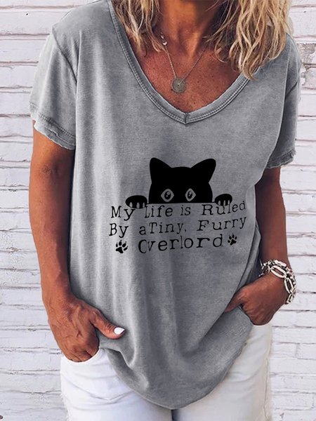 

Cat My Life Is Ruled Cotton-Blend V Neck T-shirt, Gray, T-shirts