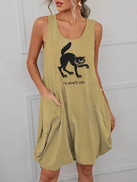 

Cat I‘m Meowta Here Cotton-Blend Short Sleeve Dresses, Khaki, Casual Dress