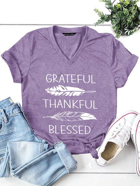 

Grateful Thankful Blessed T Shirt Feather V Neck T-Shirt Summer Top, Purple, T-shirts