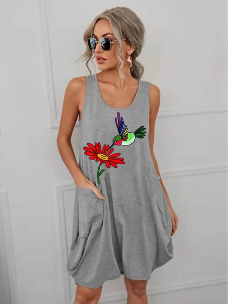 

Funny Flower And Bird Women's Sleeveless Knitting Dress, Grey, Casual Dress