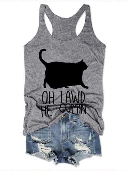 

Cat Cotton-Blend Sleeveless Vests, Gray, Tank Tops