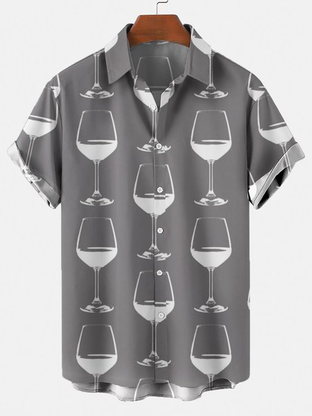 

Men's 50's New Style Red Wine Glass Short Sleeve Casual Loose Shirt, Gray, Men's Floral shirt