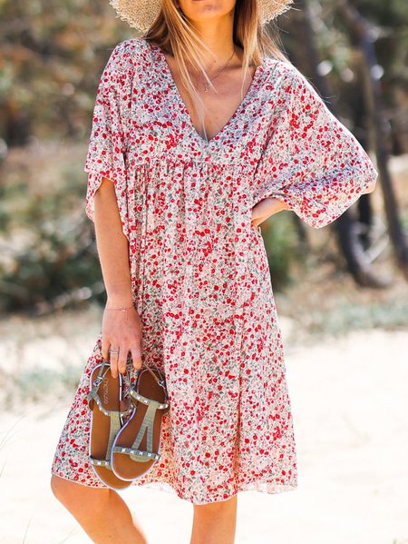 

Short Sleeve Resort Printed Floral Casual Boho Dresses, Red, Boho dresses