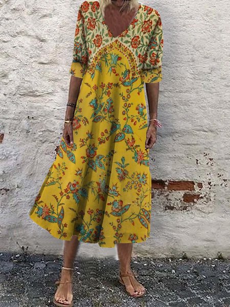 

Scollo a V Manica a Palloncino Stampato Floreale Abito, Blu, Maxi Dresses