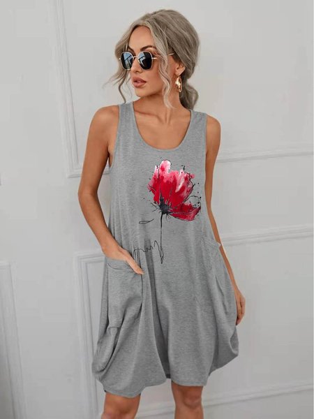 

Watercolor Floral Print Women's Sleeveless Dress, Grey, Casual Dress
