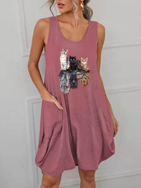 

Cat Cotton-Blend Short Sleeve Dresses, Wine red, Casual Dress