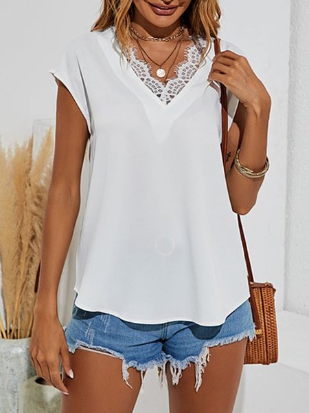 

V Neck Shift Paneled Resort Shirts & Tops, White, T-Shirts