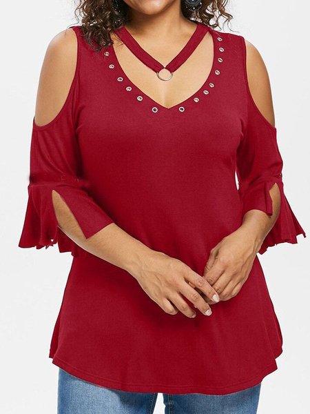 

V Neck Plain Casual Shirts & Tops, Red, T-Shirts