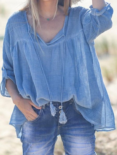 

Solid Long Sleeve Casual Blouse, Blue, Shirts & Blouses