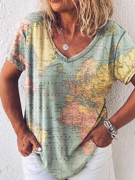 

V Neck Short Sleeve Shirts & Tops, Sage green, T-Shirts