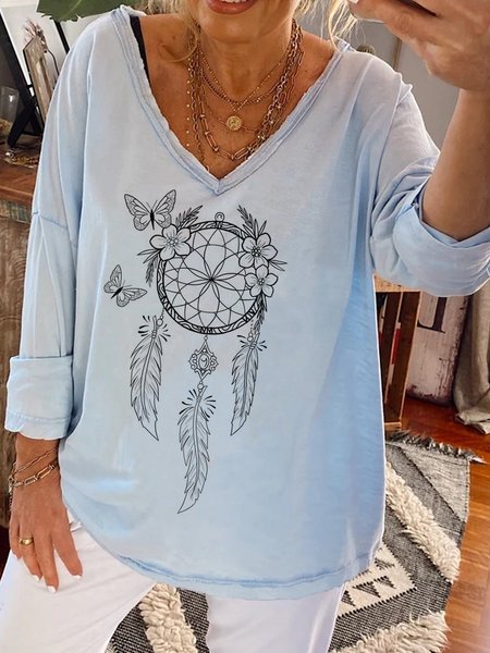 Dreamcatcher Cotton-Blend Long Sleeve Casual Tops, Light blue, T-Shirts