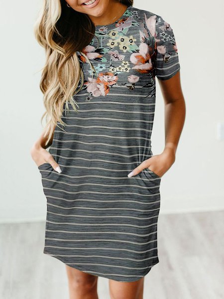 

Floral-Print Stripes Shift Short Sleeve Dresses, Gray, Floral Dresses