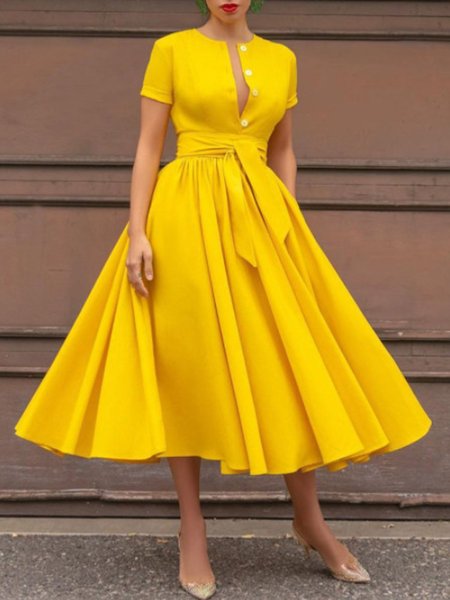 

V Neck Midi Dresses A-Line Formal Midi Dresses, Yellow, Midi Dresses