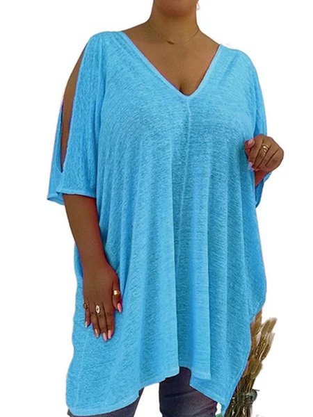 

three colors short sleeve a-line boho v neck Tops, Sky blue, T-Shirts