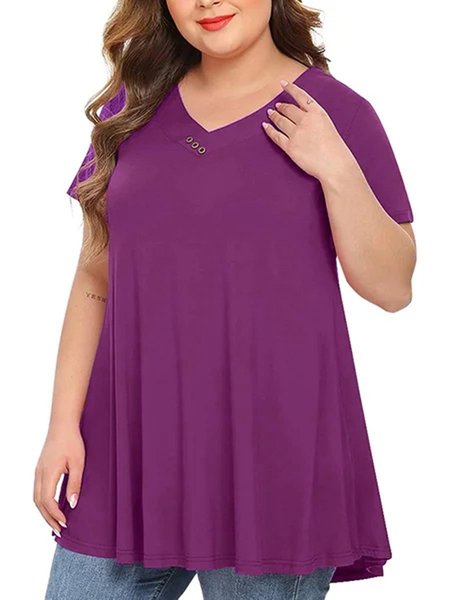 

Womens Plus Size Short Sleeve V Neck Button Basic Tunic Tops Summer Swing Blouses, Light purple, T-Shirts