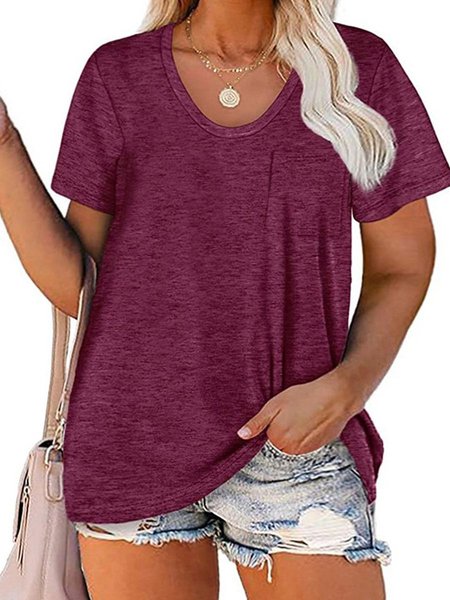 

Casual Plain Short Sleeve Crew Neck Shirts & Tops, Wine red, T-Shirts