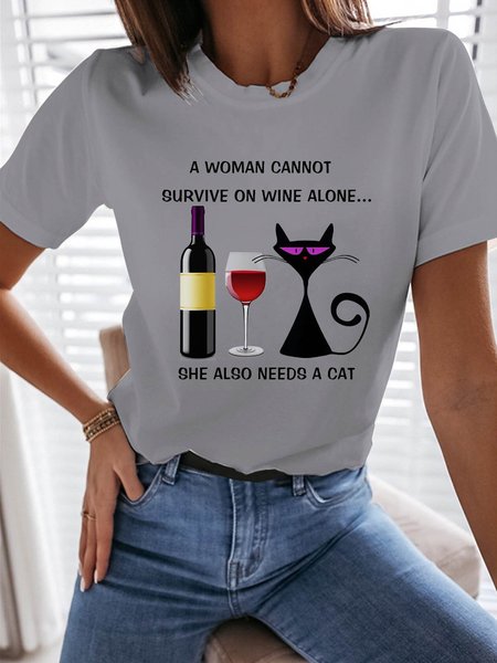 

A Woman Cannot Survive on Wine Alone Graphic Tee, Gray, T-shirts