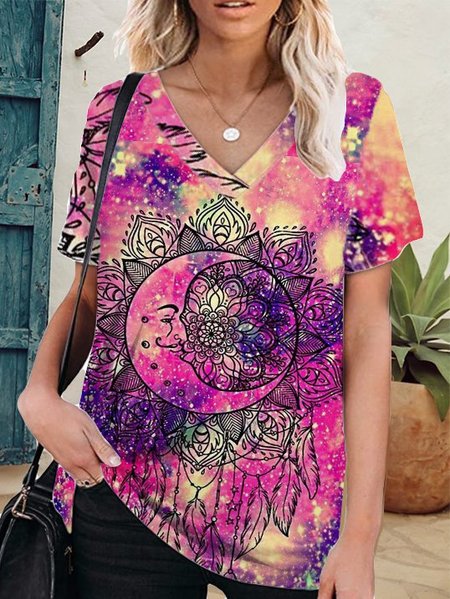 

Personalized and casual gradient color printed V-neck short-sleeved T-shirt, As picture, T-Shirts
