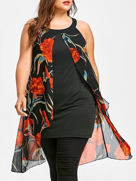 

Casual Floral Crew Neck Sheath Shirts & Tops, Red, Tanks & Camis