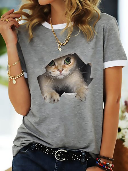 

3D Cat Graphic Short Sleeve Ringer Tee, Gray, T-shirts