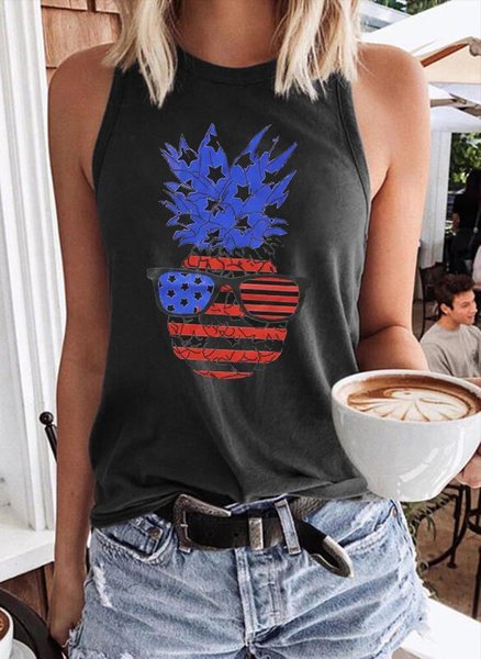 

America Flag Pineapple Women Tank Top, Black, Tank Tops