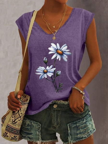 

Loose V Neck Floral Print Sleeveless Tops, Purple, Tanks & Camis