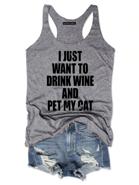 

I Just Want To Drink Wine And Pet My Cat Women's Sleeveless Shirt, Grey, Tank Tops