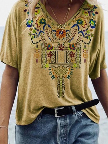 

JFN V Neck Mexican Tribal Casual T-Shirt/Tee, Yellow, T-Shirts