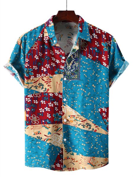 

Men's National Style Short Sleeve Casual Loose Shirt, Blue, Men's Floral shirt