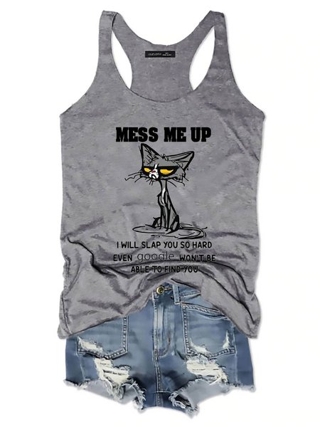 

Black Cat Mess Me Up I Will Slap You So Hard Funny Graphic Tank Top, Gray, Tank Tops