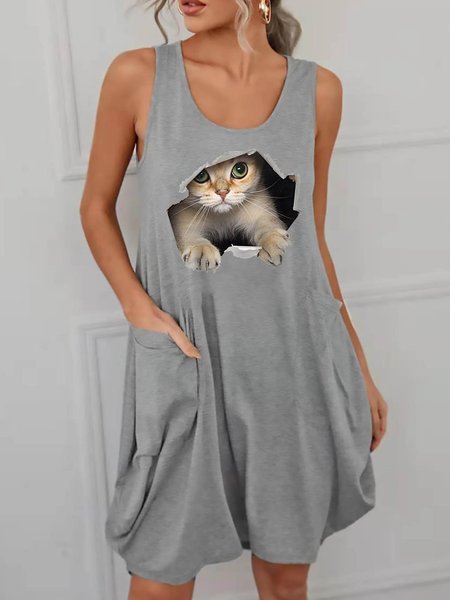 

Women's 3D Cat Graphic Sleeveless Dress, Light gray, Casual Dress