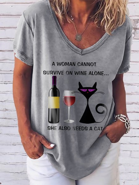 

A Woman Cannot Survive on Wine Alone Graphic Short Sleeve Tee, Gray, T-shirts
