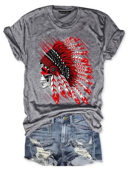 

Vintage American Indian Chief Skull Graphic Tee, Gray, T-shirts