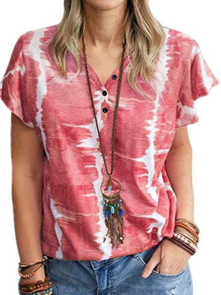 

Ombre/tie-Dye Casual Short Sleeve A-Line Shirts & Tops, Wine red, T-Shirts