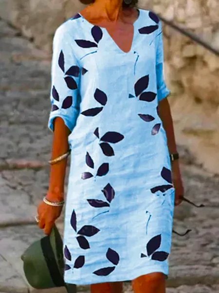 

Abito Di base Stampato Floreale Scollo a V Misto Cotone, Blu, Midi Dresses