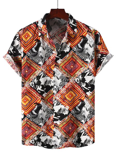 

Men's National Style Short Sleeve Casual Loose Shirt, As picture, Men's Floral shirt