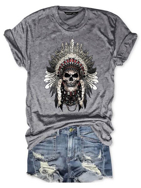

Vintage American Indian Chief Skull Graphic Tee, Gray, T-shirts