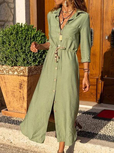 

Shirt Collar Long Sleeve Cotton-Blend Casual Dresses, Green, Linen dresses
