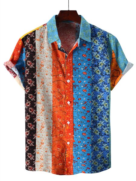 

Men's Stripe National Style Short Sleeve Casual Loose Shirt, As picture, Men's Floral shirt