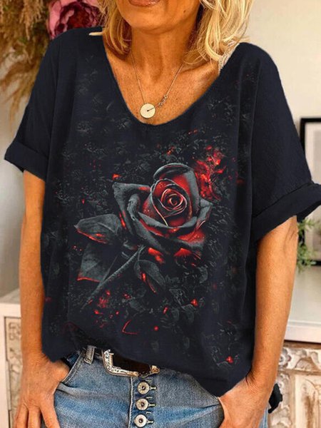 

Short Sleeve Floral Shift Shirts & Tops, Black, T-Shirts