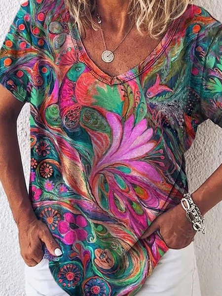 Short Sleeve Crew Neck Casual Shift Shirts & Tops, Green, T-Shirts