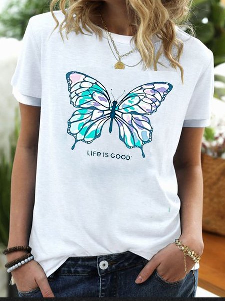 

Butterfly Crew Neck Short Sleeve Cotton-Blend Shirts & Tops, White, T-shirts