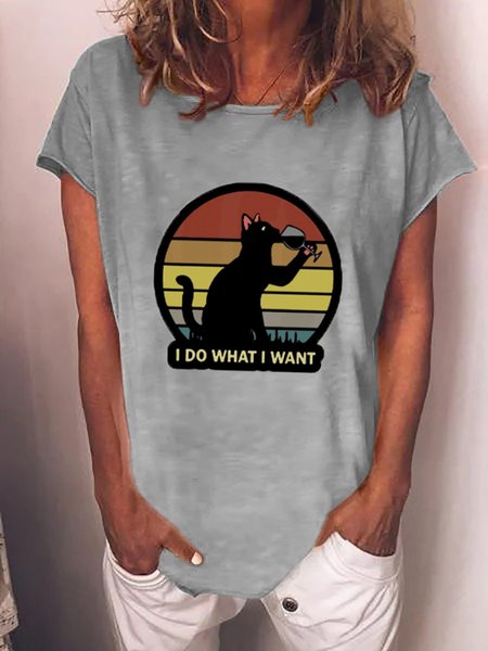 Drinking Cat Crew Neck Cotton-Blend Shirts & Tops, Gray, T-shirts