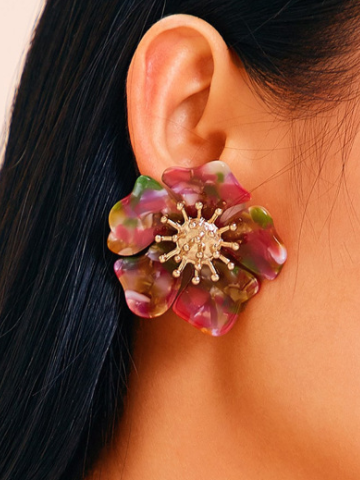 

New personality exaggerated acetate alloy flower earrings, Red, Earrings